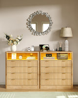 FUSOU Fluted Night Stand for Bedroom, Storage Organizer with 4 Drawers, Chest of Drawers with LED Light & Charging Station, Modern Farmhouse Dresser for Bedroom, Living Room, Hallway, Natural Oak FUSOU