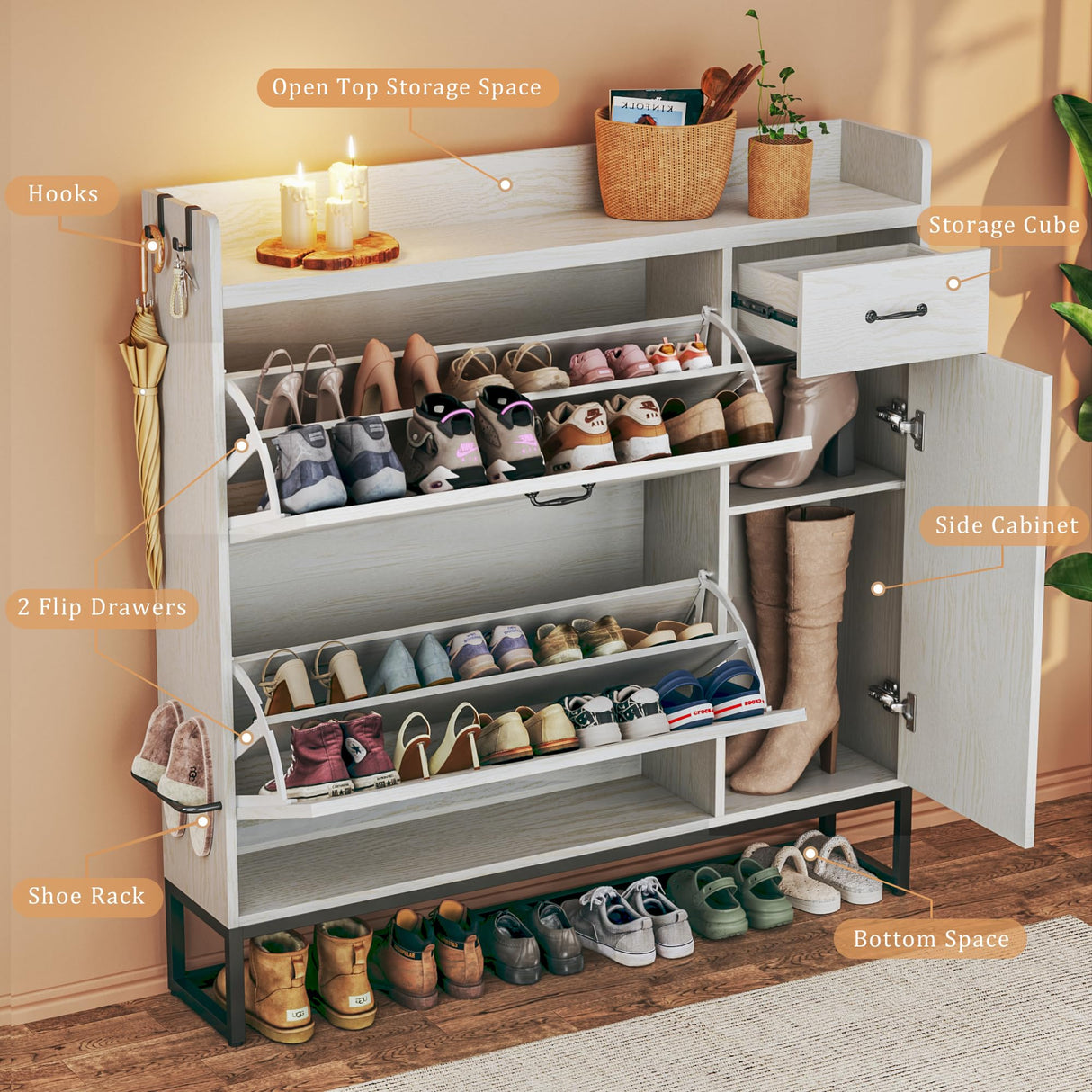 HUAHUU Shoe Cabinet with 2 Flip Drawers & Side Cabinet, Shoes Cabinet with Adjustable Shelves, Shoe Storage with Drawer & Mounted Shoe Rack for Entryway, Hallway, Shoe Organizer Cabinet, White HUAHUU