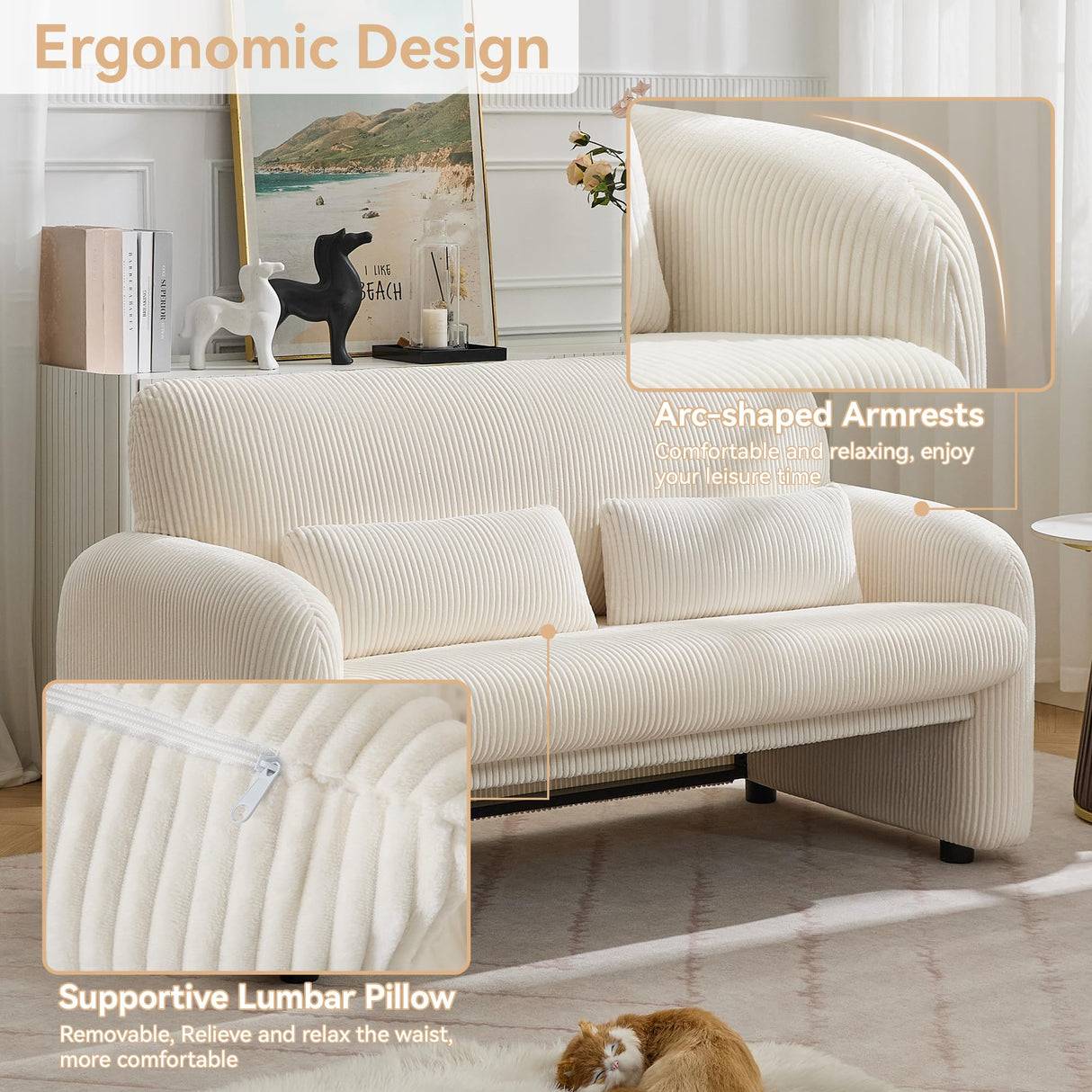 WUTUTUEE 56'' Corduroy Loveseat Sofa, 2 Seater Love Seat Couch for Small Space, Comfy Upholstered Modern Leisure Loveseat Couches with Lumbar Pillows for Bedroom, Office, Living Room, White WUTUTUEE