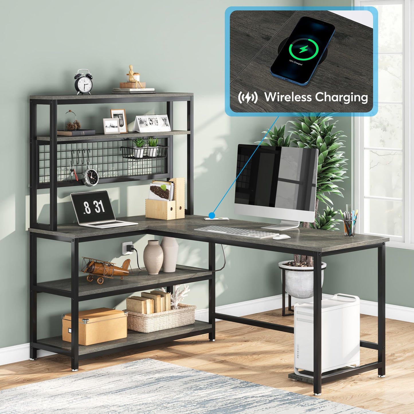 Tribesigns 55" Grey L-Shaped Computer Desk with Wireless Charging and 5 Storage Shelves - WoodArtSupply