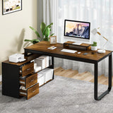 HOMBCK Home Office Computer Desk with 3 Drawers and Shelves, 55 Inch L Shaped Desk with Adjustable Shelves, Craft Table with Storage, Reversible L Shaped Desk, Modern Office Desk, Black Walnut HOMBCK