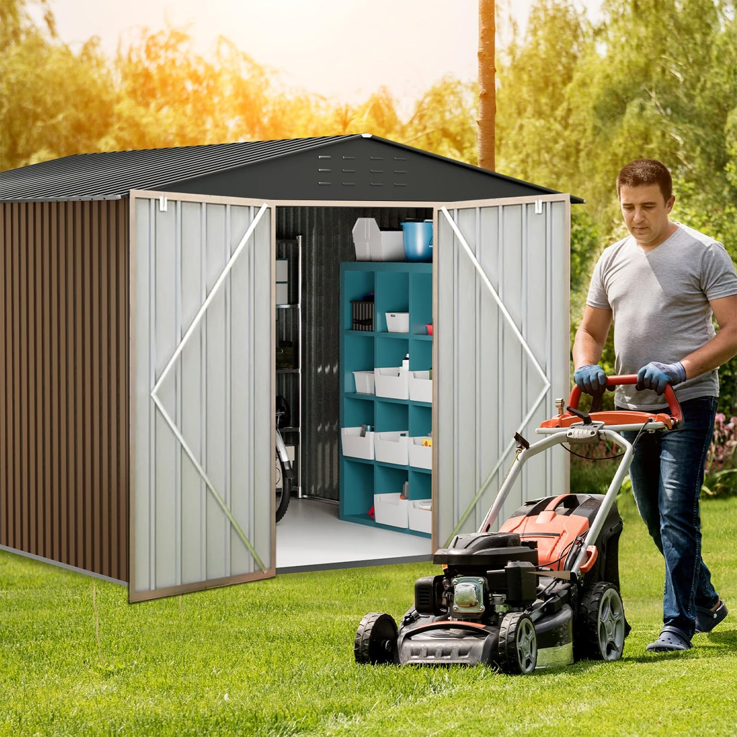 10x12 Ft Outdoor Metal Storage Shed, Galvanized Steel Garden Sheds with Lockable Doors, Extra Large Utility and Tool Storage for Patio Lawn Backyard Outside Use, Brown