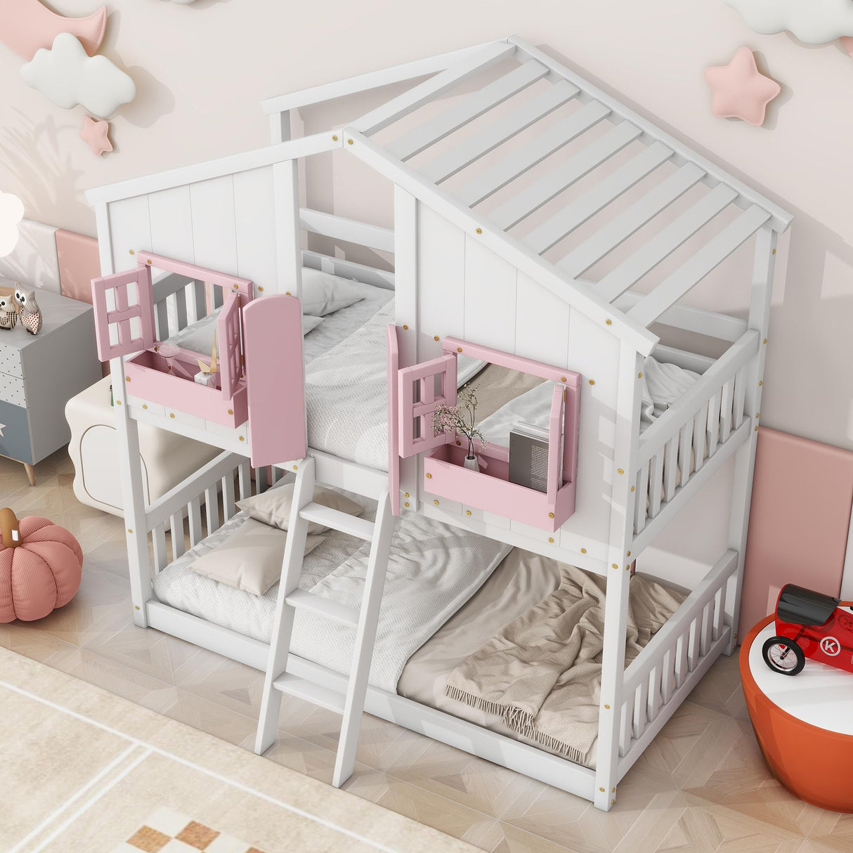 DNChuan Floor House Bunk Bed with Roof and Window,Built-in Storage Box,Wooden Guardrails with Door/Ladder,Low Bunker Bed Twin Over Twin for Kids Girls Boys,Pink/White DNChuan