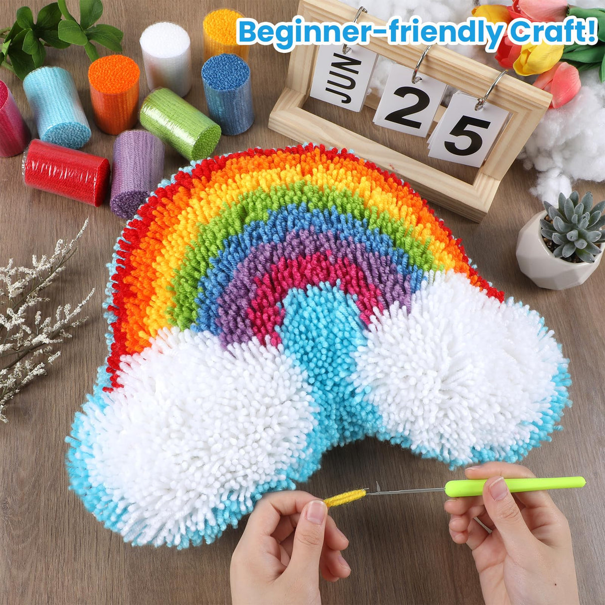 Rainbow Latch Hook Kit Rainbow Pillow DIY Craft Kit for Kids Making Your Own DIY Pillow Yarn Craft Kit for Girls Pattern Paint Cross Sewing Sofa Cushion Plush Gift for Kids Justforjoyful