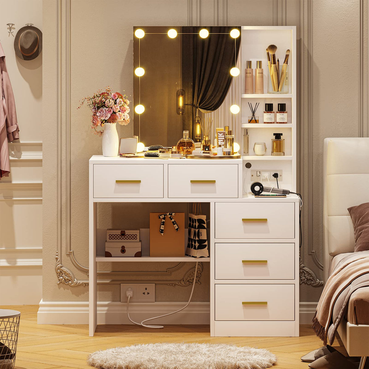 BTHFST Vanity Desk with Sliding Mirror and Lights, Makeup Vanity with Lights and Charging Station, Makeup Desk with 5 Drawers, Modern Vanity Table with Hidden and Open Storage Shelves, White BTHFST