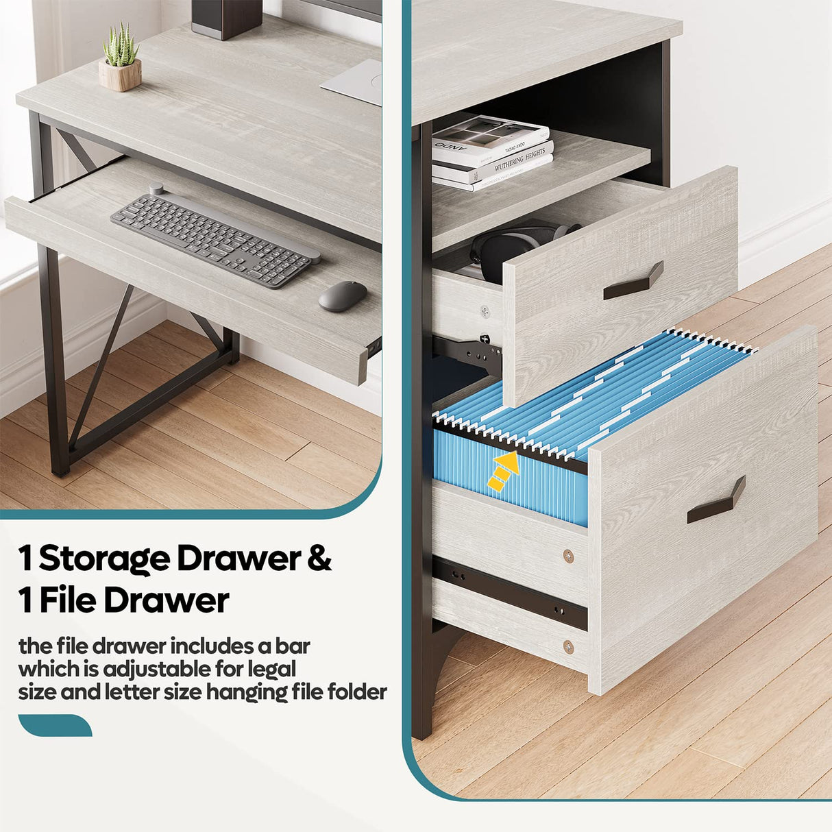 Bestier Office Desk with Drawers, 55 inch Industrial Computer Desk with Storage, Wood Teacher Desk with Keyboard Tray & File Drawer for Home Office, Wash White Bestier