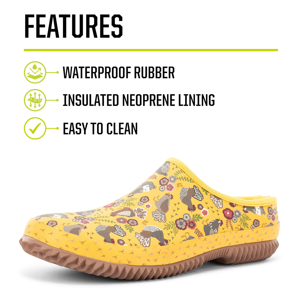 Western Chief Womens Waterproof Clog with Neoprene Lining and Rubber Outsole - Perfect for Garden and Outdoor Wear, Folk Chickens, 7 Western Chief
