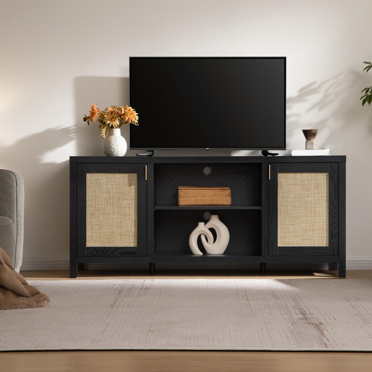 SICOTAS Rattan TV Stand for Living Room - 26" Tall Farmhouse Entertainment Center with Storage and Wicker Door, Media TV Console Cabinet for TVs Up tp 65 Inch, Black Oak SICOTAS