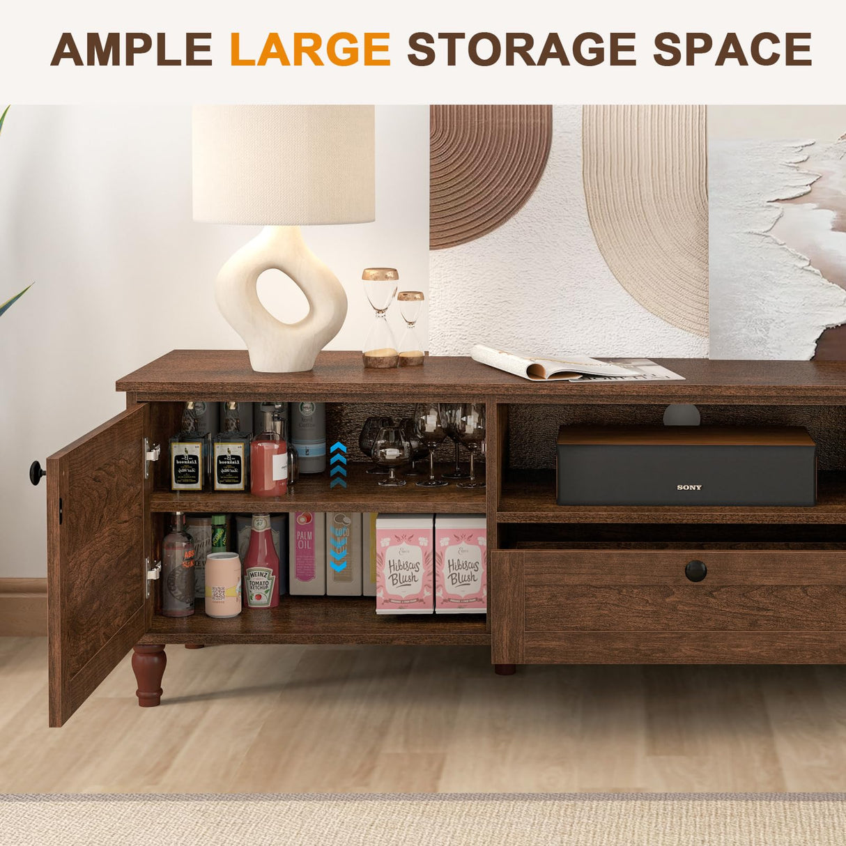 ANJ TV Stand for 75 inch TV, Mid-Century Modern TV Console with Storage Cabinet, Wooden Television Furniture for Living Room, Entertainment Center with Ample Large Storage Space ANJ