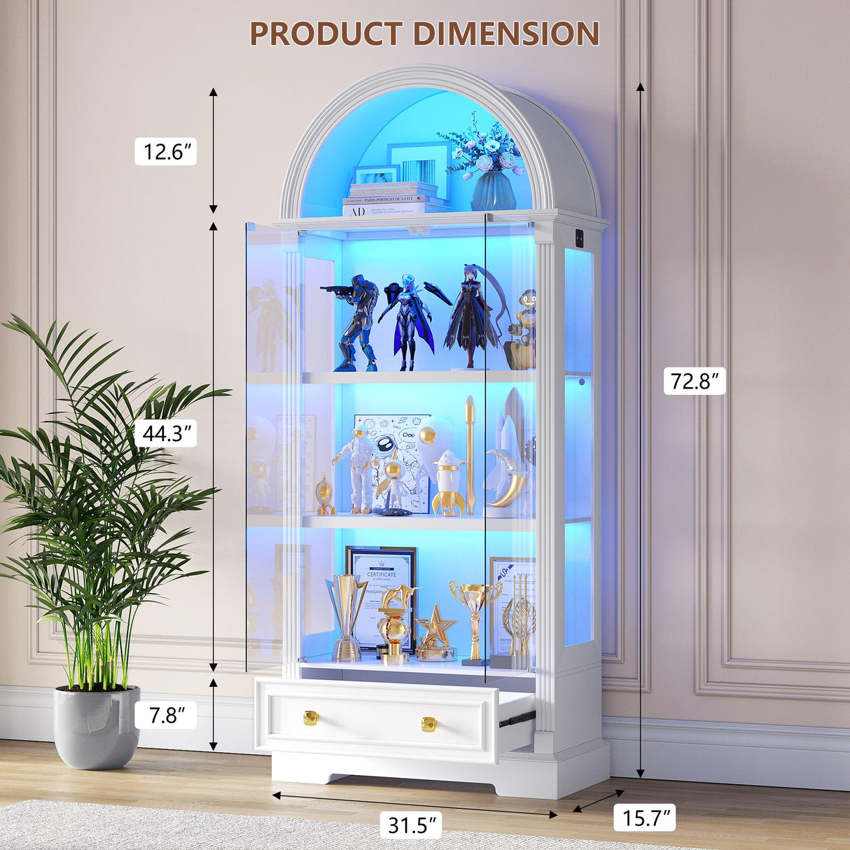 Arched Display Cabinet with Glass Doors, 72" Tall Curio Cabinet with Human Sensor Lights, 4-Tier Display Case for Collectibles Bookcase Living Room Dystler