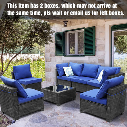 7 Pieces Outdoor Rattan Wicker Patio Set with Coffee Table, Armless Seats and Corner Seats, 2 Pillows Included,Sectional Furniture Chair Set，Coffee/Blue… - WoodArtSupply