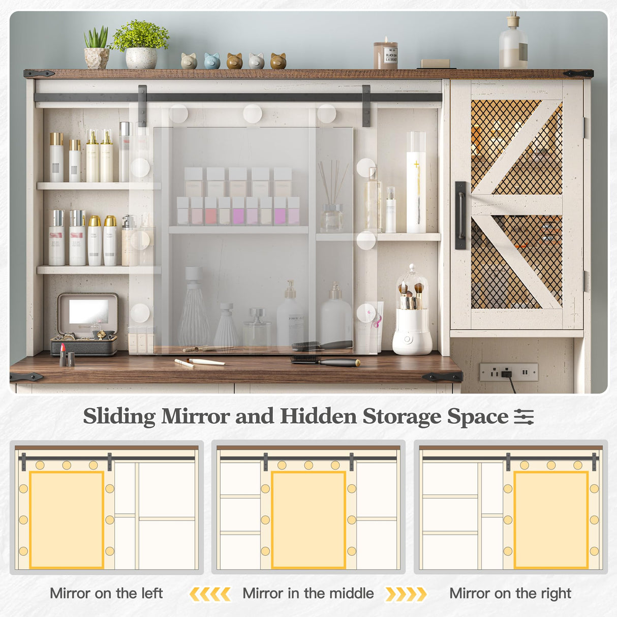 EnHomee 47.2" W Farmhouse Vanity Desk with Mirror and Lights, Makeup Vanity with Charging Station & 4 Drawers,Makeup Vanity Table for Bedroom,White,Stool not Included EnHomee