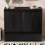 P PURLOVE Full Size Murphy Bed,Solid Wood Murphy Bed Frame with USB Port and a Large Drawer,Murphy Cabinet Bed Espresso P PURLOVE