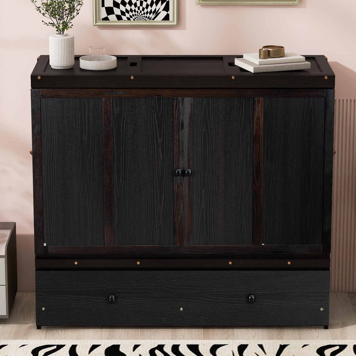 Merax Murphy Bed Cabinet Full Size with Storage Drawers, Chest Cube Bed for Guest Room, Built-in Sockets & USB Ports, for Home Office or Small Bedroom, Espresso Merax