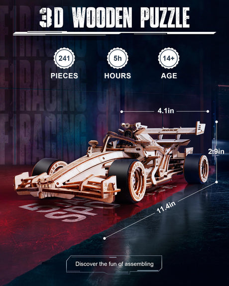 ROKR 3D Wooden Puzzle 1:18 Scale Formula Racing Cars for Adults, 5 Hour Build, Wind up Toys Model Car Kits for Adults to Build, Ideal Gift for Boys and Men ROKR
