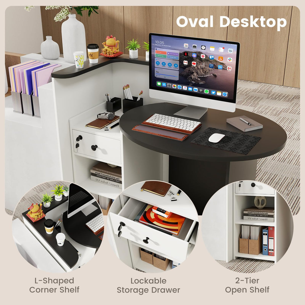 SILKYDRY Reception Desk, Small Retail Checkout Counter with Lockable Drawer and Open Shelves, Wooden Computer Workstation for Home Office Lobby, White Oval Desktop & Black Counter SILKYDRY