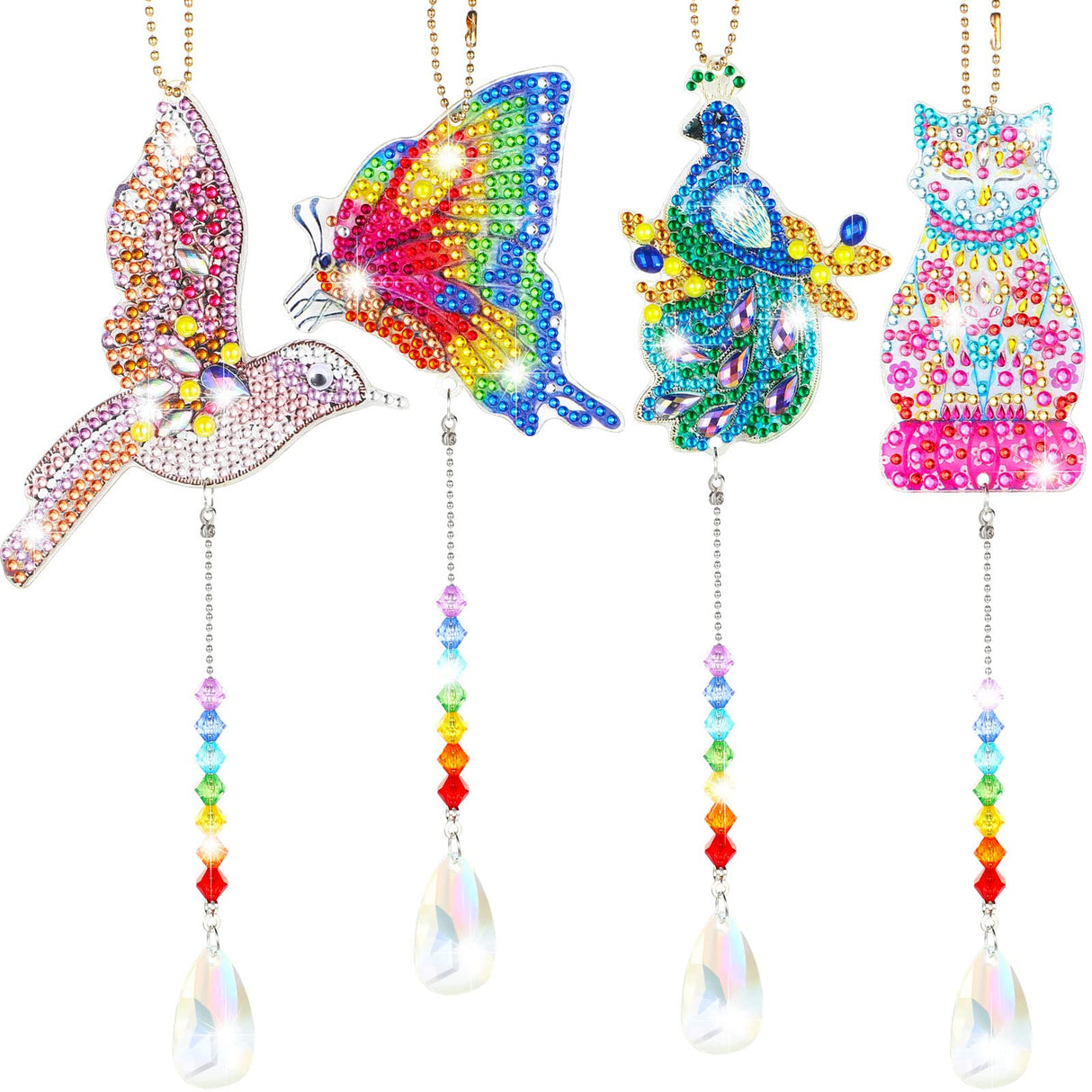 Queekay 4 Pieces Diamond Painting Sun Catcher Tree Ornament DIY Wind Chime Kit Hanging Double Sided Hummingbird Butterfly Cat Peacock Shape Crystal Art Ornament forGarden Decoration Queekay