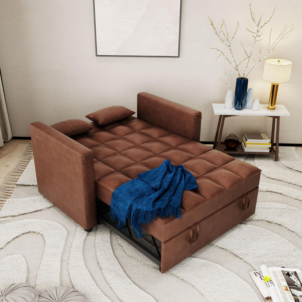 ORRD Convertible Sofa Bed, 3-in-1 Multi-Functional Faux Leather Sleeper Couch Pull-Out Bed, 48'' Loveseat Bed Chaise Lounge with Adjustable Backrest and Hidden Side Table for Living Room, Small Space ORRD