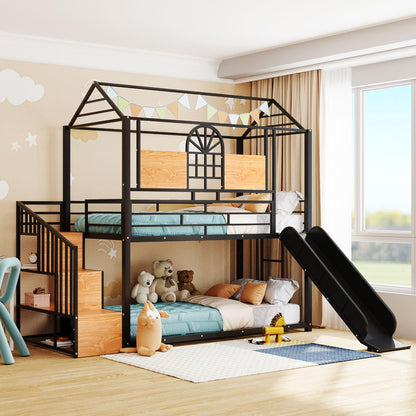 Merax Twin Over Twin Metal Bunk Bed, Metal House Bed with Slide and Storage Stair, Black Bed Frame with Black Slide