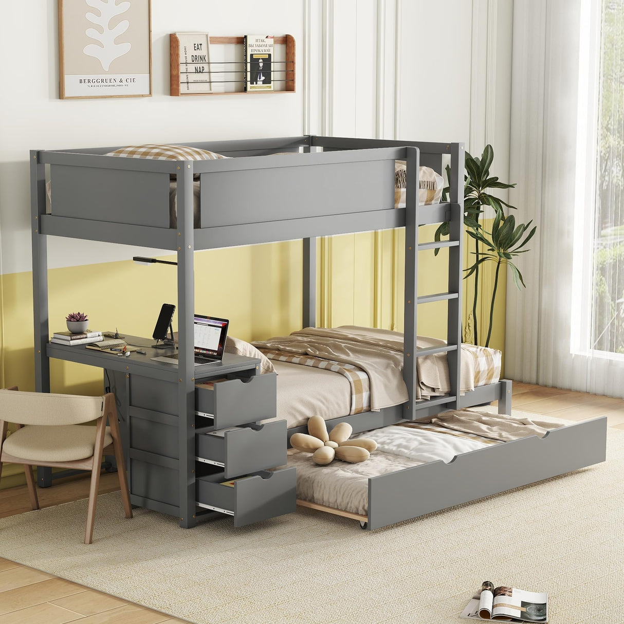 Merax Twin Over Twin Bunk Bed with Twin Size Trundle, Under-Bed Desk and Storage Drawers, No Box Spring Needed Merax