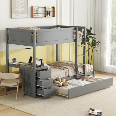 Merax Twin Over Twin Bunk Bed with Twin Size Trundle, Under-Bed Desk and Storage Drawers, No Box Spring Needed Merax