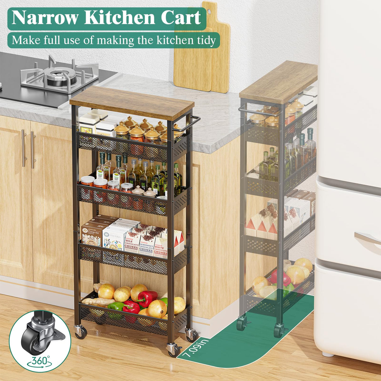 Giwil Slim Storage Cart 5 Tier Narrow Kitchen Rolling Cart on Wheels for Small Space, Metal Utility Cart Narrow Bathroom Storage Cabinet Mobile Shelf Unit Organizer with Wood Top and Handle, Black Giwil