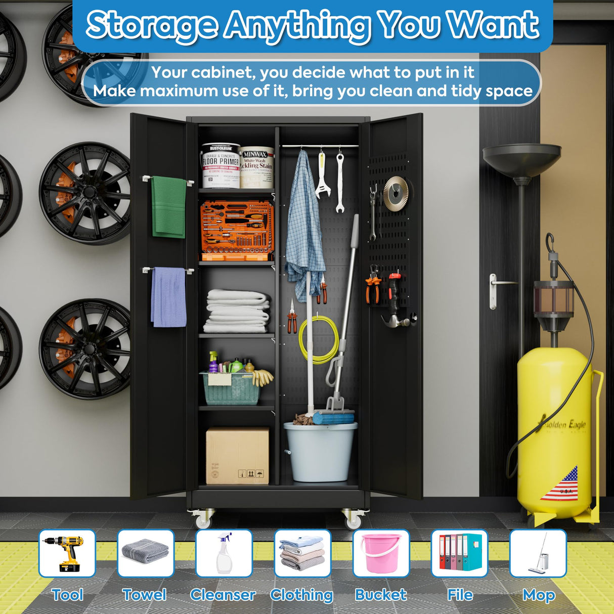 GangMei Garage Storage Cabinet with Wheels and 5 Pegboard, Broom Closet Storage Cabinet with Hanging Rod and 13 Hooks, Metal Cabinets with 4 Shelves for Garage, Home, 71"H x 31.5"W x 15.75"D, Black GangMei