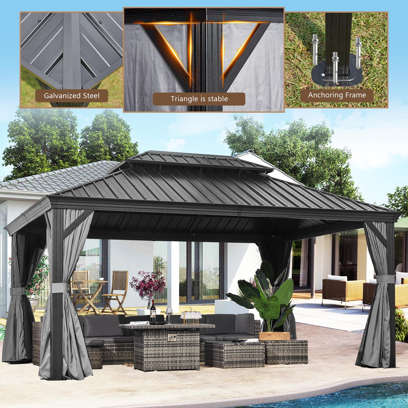 oneinmil 12' X 16' Hardtop Gazebo, Outdoor Gazebo with Netting and Curtains, Galvanized Steel Double Top Permanent Aluminum Gazebo, for Gardens, Decks, Patios, Parties - WoodArtSupply