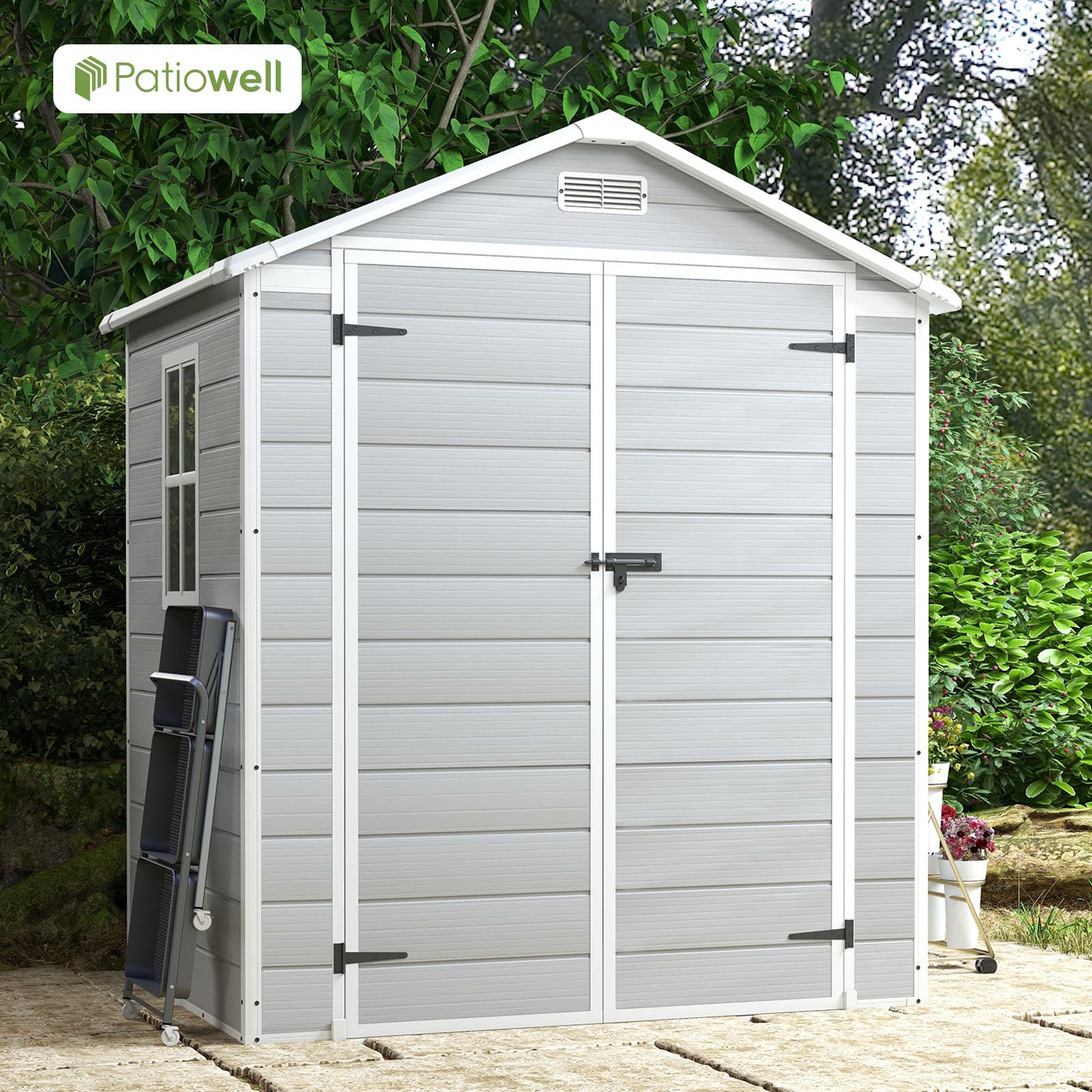 Patiowell 6x4 FT Plastic Outdoor Storage Shed-Perfect to Store Patio Furniture, GardenTools Bike Accessories, Beach Chairs and Lawn Mower, White & Grey - WoodArtSupply