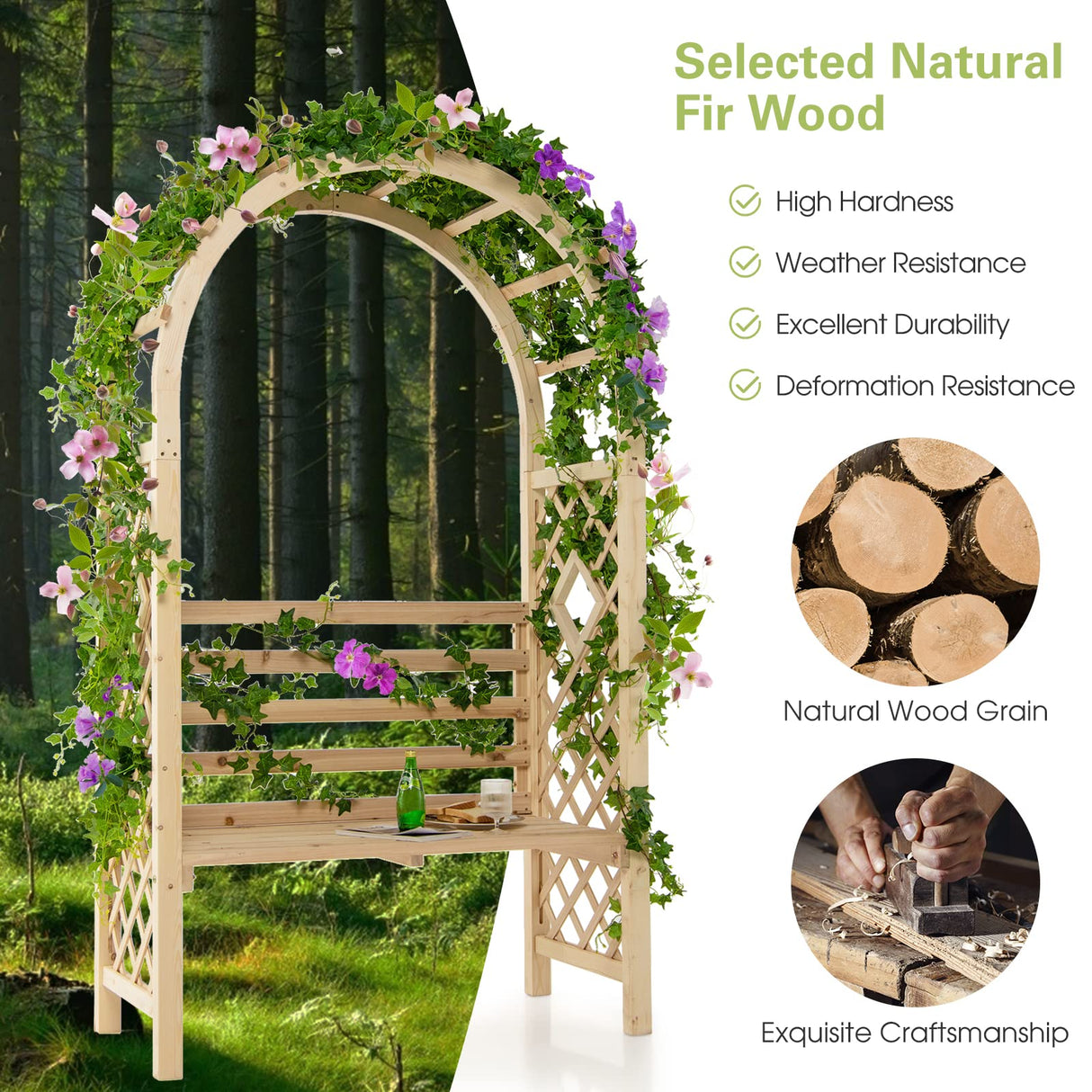 Tangkula 81.5 Inch Wooden Arch with 2 Person Bench, Garden Arbor with Trellis for Climbing Plants, Fir Wood Outdoor Decoration Garden Archway for Vines, Flowers, Wedding, Bridal Party, Ceremony Tangkula