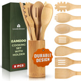 Bamboo Wooden Spoons for Cooking 7 PCs with Holder – Wooden Cooking Utensils + Holder for Nonstick – Wooden Utensil Set – Easy to Clean, Sturdy, Lightweight & Heat Resistant WOODENHOUSE LIFELONG QUALITY
