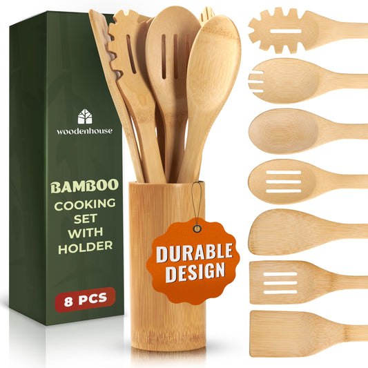 Bamboo Wooden Spoons for Cooking 7 PCs with Holder – Wooden Cooking Utensils + Holder for Nonstick – Wooden Utensil Set – Easy to Clean, Sturdy, Lightweight & Heat Resistant