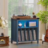 Joaxswe Large Record Player Table with Charging Station & LED Lights, Blue Vinyl Record Storage Cabinet Holds up to 230 Albums, Turntable Stand with Display Shelf for Music Room Bedroom Living Room Joaxswe