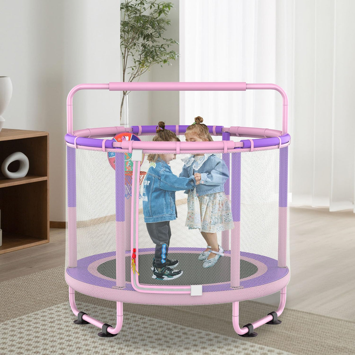 LANGXUN 60" Trampoline for Kids, 5ft Toddler Mini 6-in-1 Trampoline Indoor Outdoor with Swing, Basketball Hoop, Dart Board, Gymnastics Bar, Rings, Christmas Toys Birthday Gifts for Girls Boys Age 1-8 LANGXUN