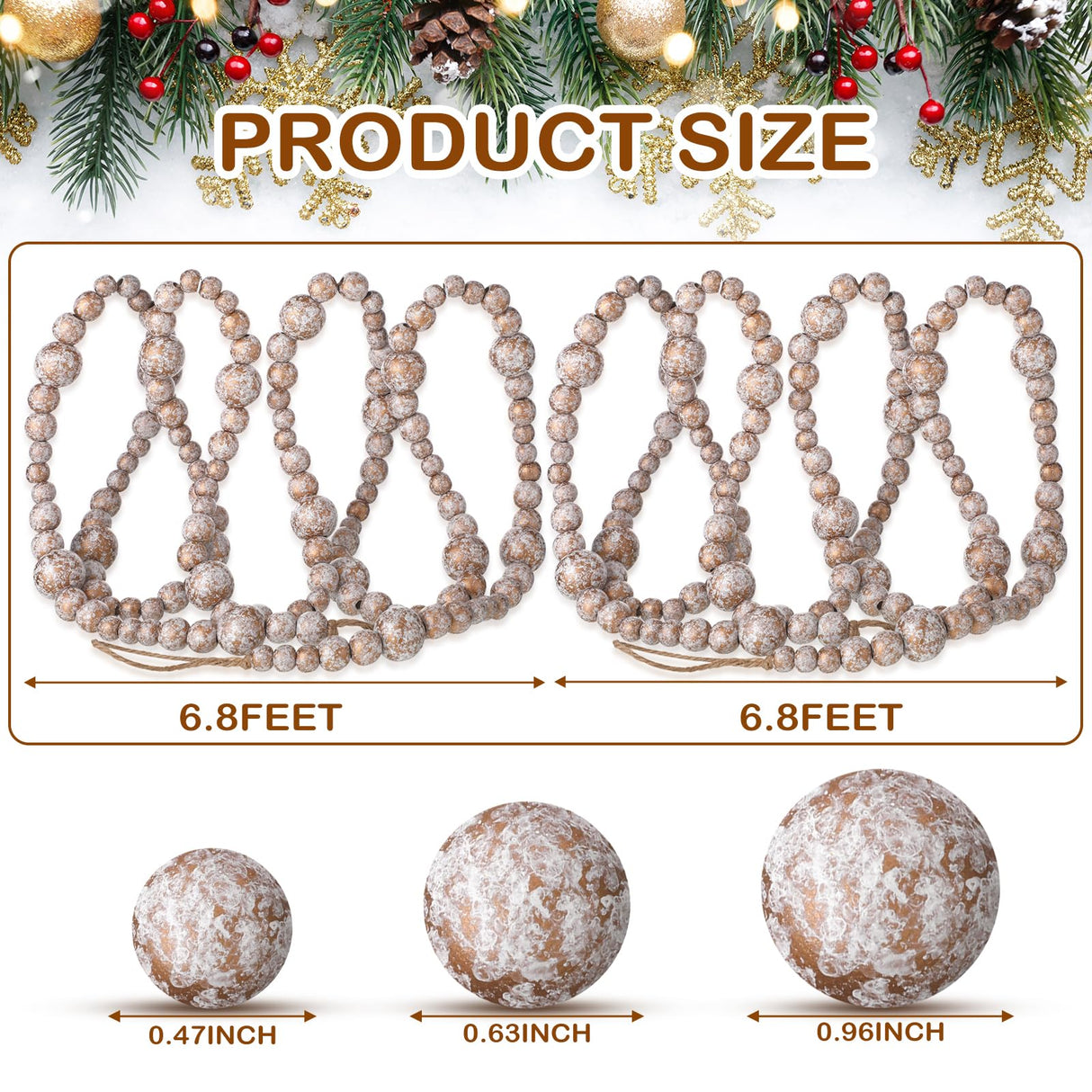 Equsion 2 Pcs 13.7 Feet Christmas Tree Garland Wooden Beaded Garland Boho Decorations Wall Hanging Farmhouse Home Decor Rustic Country Natural Holiday Decoration(Gold, White) Equsion