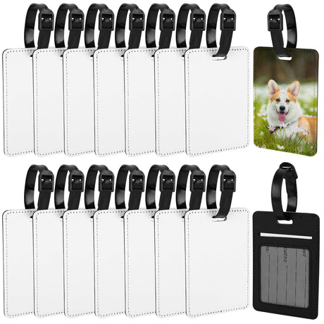 Framendino, 16 Pack Rectangle Sublimation Luggage Tags White Heat Transfer PU Leather Luggage Tag Blank Tags ID Card Holder for Travel Suitcase Sports Bags Label Tag Framendino