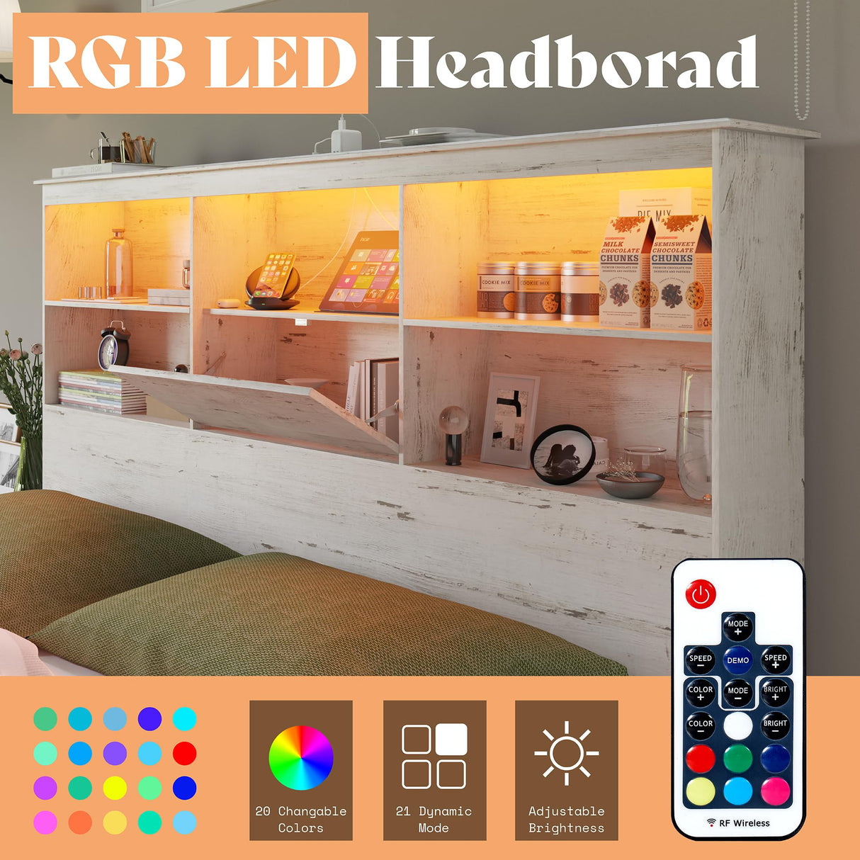 AMERLIFE Farmhouse King Size Bed Frame Wooden Platform Bed with 51.2" Storage LED Bookcase Headboard, 4 Storage Drawers & Charging Station/No Box Spring Needed/Noise Free/Distressed White AMERLIFE