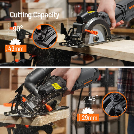 DOVAMAN Circular Saw, 5.8A 4-1/2" Circular Saw w/Laser, Metal Auxiliary Handle, 6 Blades (4½", 4¾"), Cutting Depth 1-11/16" (90°), 1-1/8" (45°), Ideal for Wood, Soft Metal, Plastic, Tile - MCS01A DOVAMAN