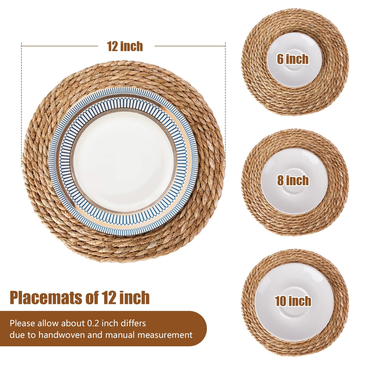 Woven Placemats Set, 12" Round Boho Hand-Woven Rattan Natural Water Hyacinth Placemats, Farmhouse Weave Chargers, Heat Resistant Rustic Braided Wicker for Dining Table,Kitchen,Wedding,Home(Set of 8) See Seattle