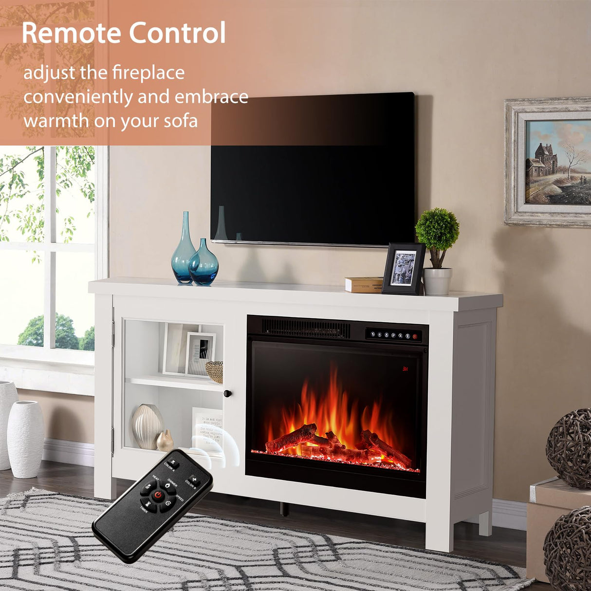 JAMFLY Electric Fireplace TV Stand Wood Mantel for TV Up to 48", Media Entertainment Center Fireplace Console Cabinet w/Storage Bin, Remote Control JAMFLY