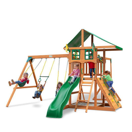 Gorilla Playsets 01-1083 Avalon Treehouse Wooden Swing Set with Oversized Green Vinyl Canopy Roof, Monkey Bars, Climbing Wall, Ladder, Swings and Slide - WoodArtSupply