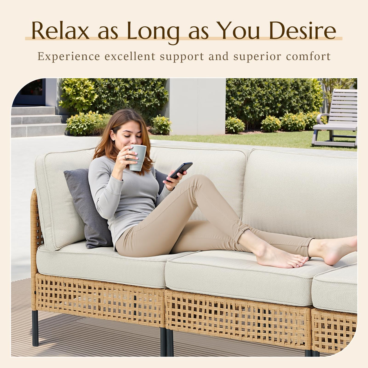 Outdoor Patio Furniture, 7-Piece Wicker Patio Furniture Set, Boho Patio Conversation Sets Sectional Sofa with All Weather Rattan Thick Cushions, Outdoor Sectional Sofa Set with Coffee Table, Beige PPorfamilia