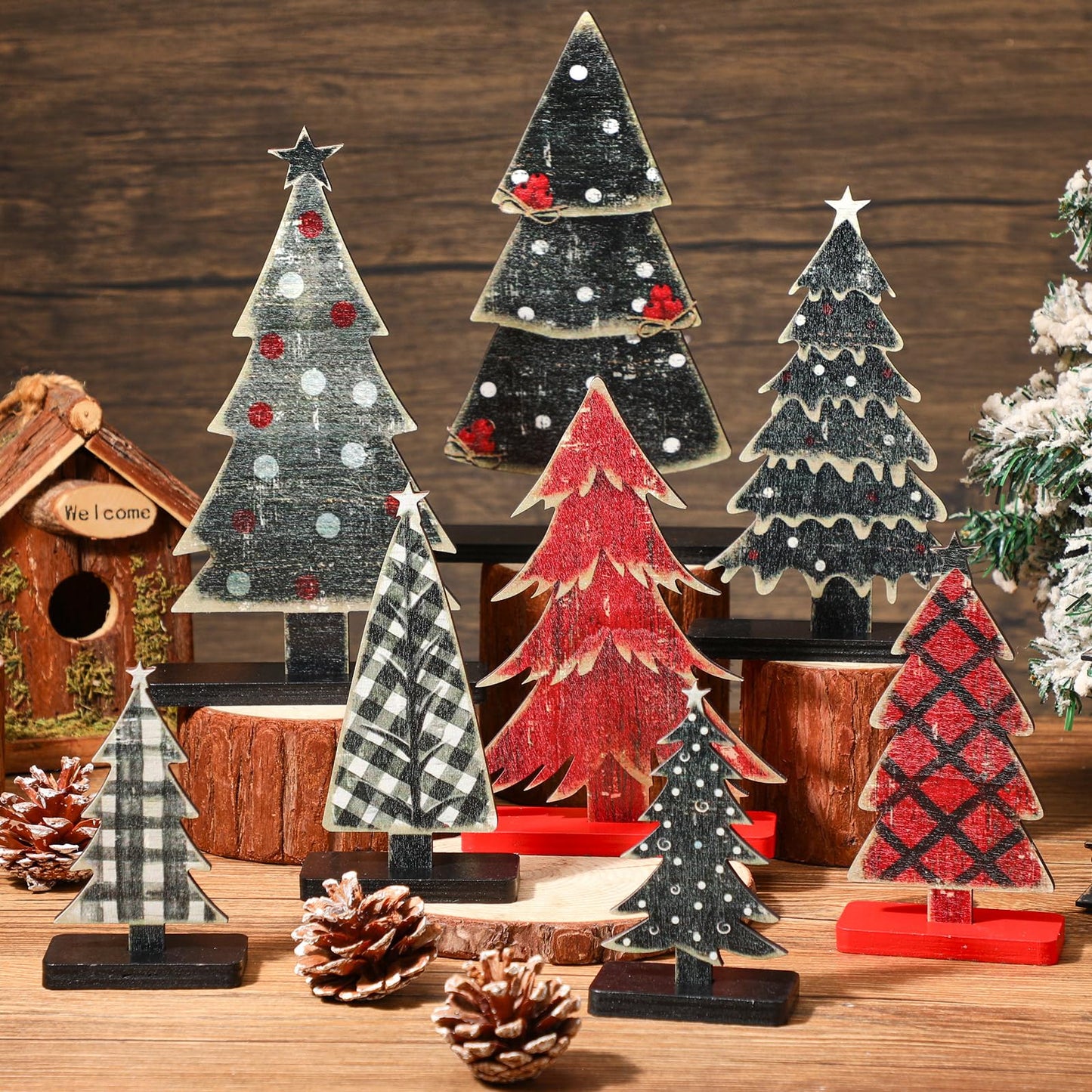 Moucuny 8 Christmas Tree Tabletop Decor Wooden Christmas Centerpieces for Tables Rustic Christmas Tree Wooden Sign for Home Office Fireplace Farmhouse Party Xmas Centerpieces