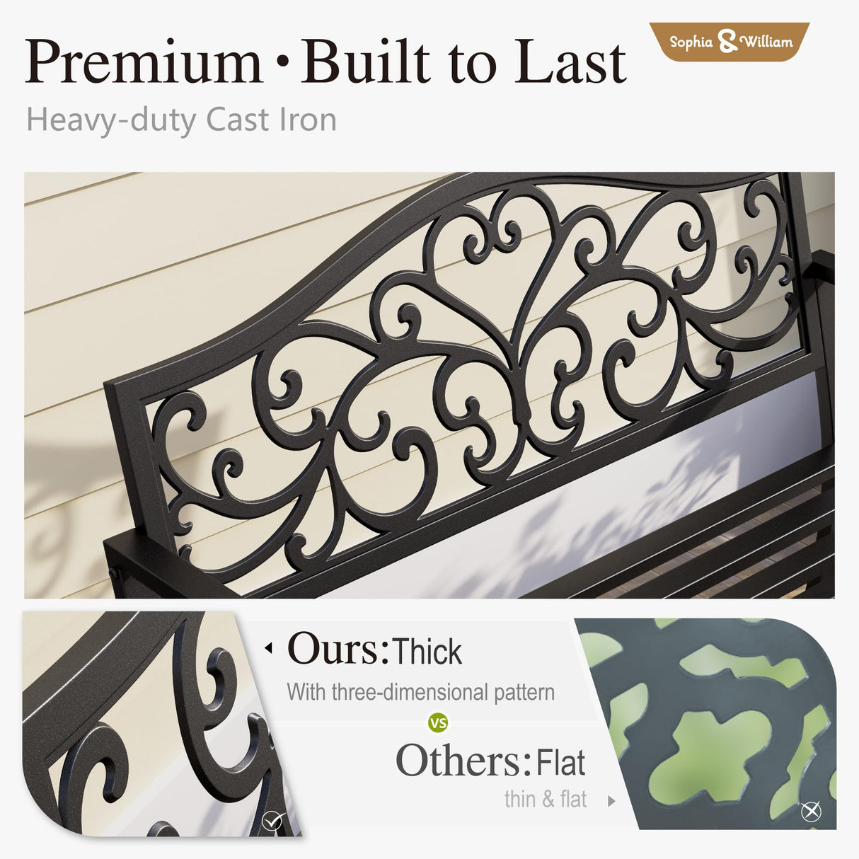 Sophia & William Outdoor Bench, Metal Garden Bench, Cast Iron Park Benches for Outside with Floral Design Backrest, Black Sophia & William