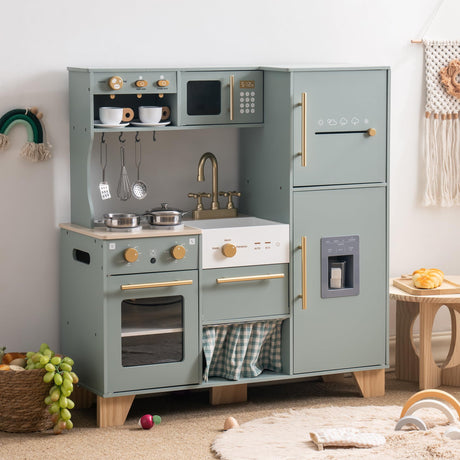 ROBOTIME Play Kitchen for Kids Toddlers, Wooden Pretend Play Kitchen Set Toy with with Fridge, Ice Maker, Coffee Maker, Toys Kitchen Gift for 3+ Year Old Kids, Girls & Boys ROBOTIME