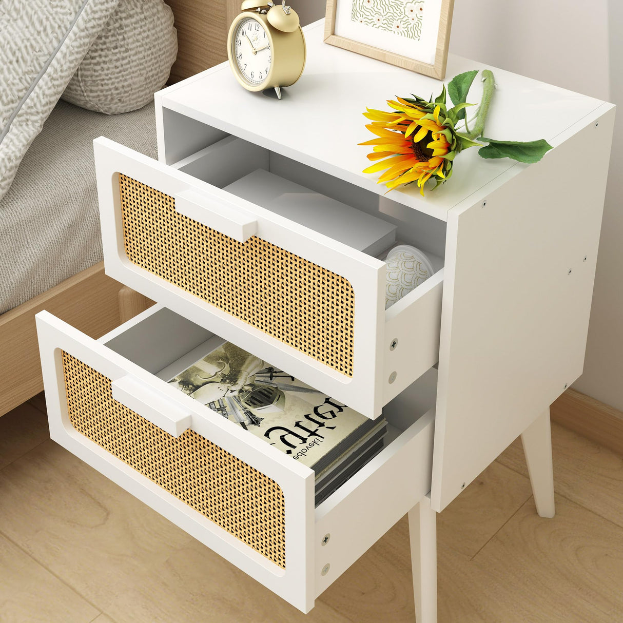 YAUKOMEL Rattan Nightstand, Wood End Table, Side Table with 2 Hand Made Rattan Decorated Drawers,Boho Bedside Table,Wood Accent Table with Storage for Livingroom, Bedroom, White CTG59W YAUKOMEL