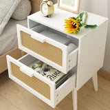 YAUKOMEL Rattan Nightstand, Wood End Table, Side Table with 2 Hand Made Rattan Decorated Drawers,Boho Bedside Table,Wood Accent Table with Storage for Livingroom, Bedroom, White CTG59W YAUKOMEL