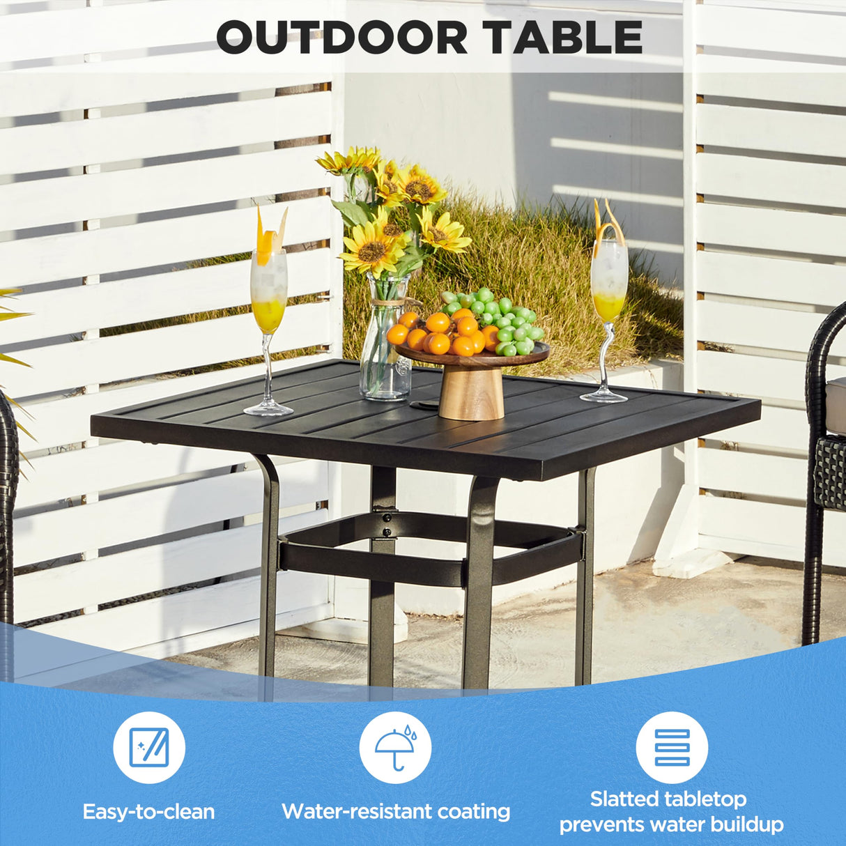 Yaheetech Outdoor Height Bar Table, Square Patio Bistro Table with Umbrella Hole and Slatted Metal Tabletop, Outside Furniture for Garden Lawn Poolside, Black Yaheetech