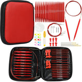Looen 57 pcs Aluminum Circular Knitting Needles Set with Ergonomic Handles,13 Size Interchangeable Crochet Needles with Storage Case for Small Project (Style 1 New Red) LOOEN