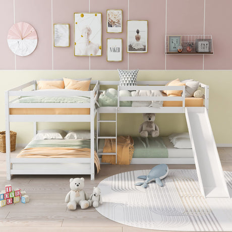 L Shaped Bunk Bed for 4, Wooden Quad With Slide, Full Over Full With Twin Over Twin Attached for Kids Girls Boys - White Bellemave